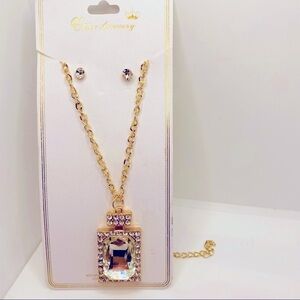 Necklace Crystal In Clear.Shape of Perfume Bottle and Earrings on Golden